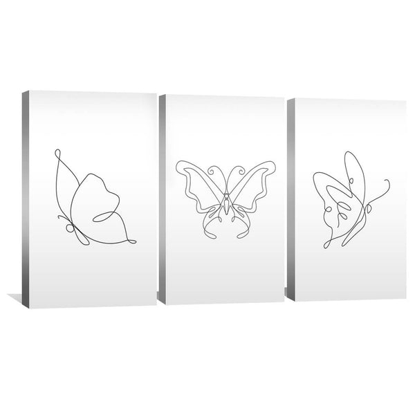 Line Butterflies Canvas Art Set of 3 / 30 x 45cm / Unframed Canvas Print Clock Canvas