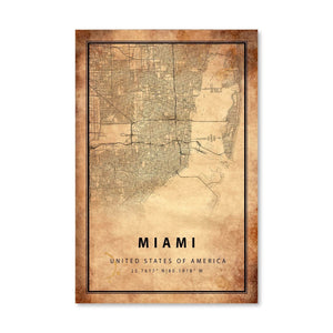 Miami Vintage Map Canvas Art Clock Canvas