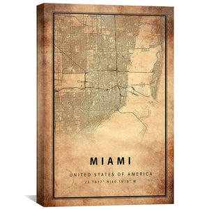 Miami Vintage Map Canvas Art Clock Canvas