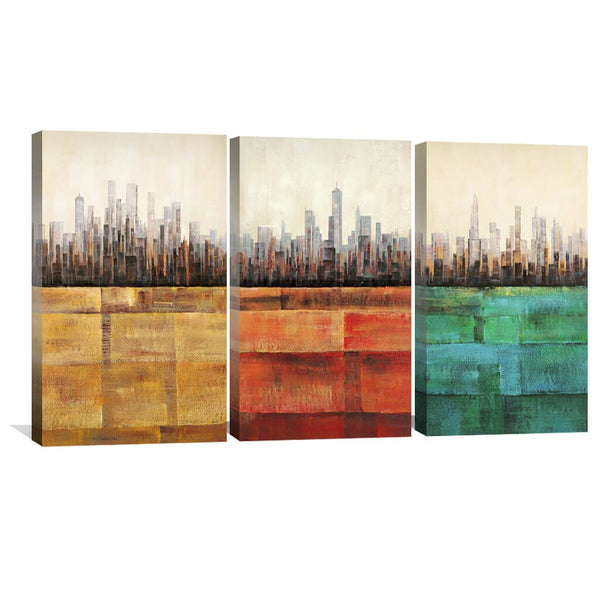Primary Cities Canvas Art Set of 3 / 40 x 60cm / Standard Gallery Wrap Clock Canvas