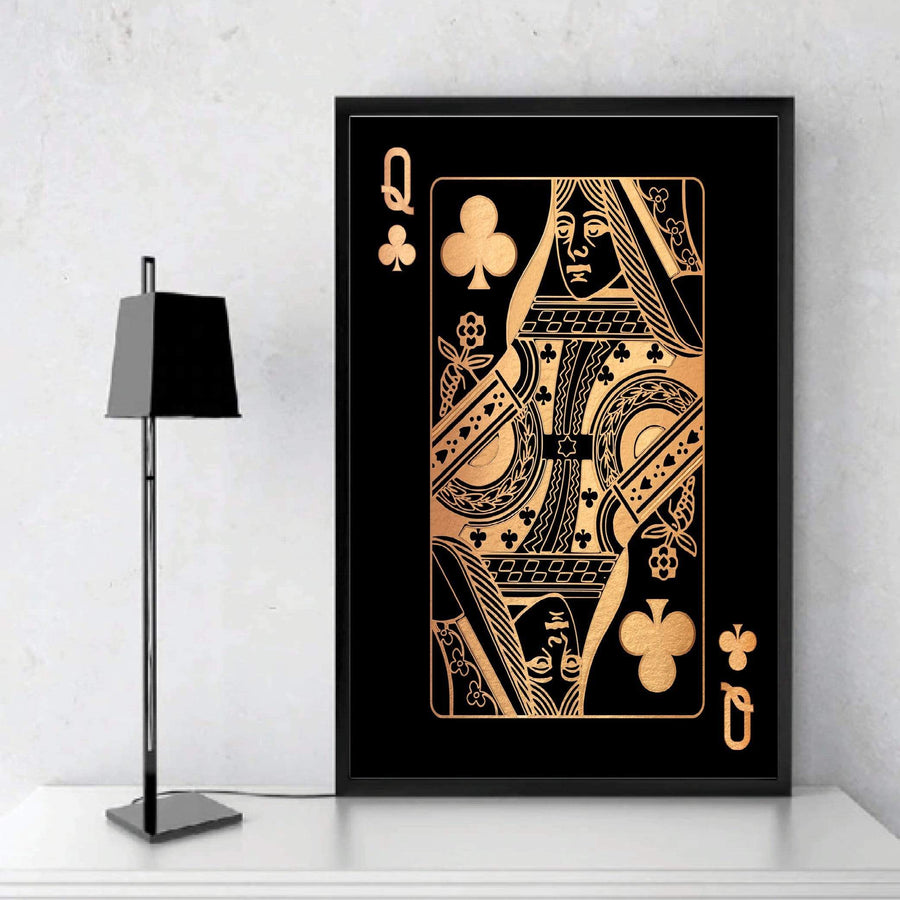Queen of Clubs - Gold Clock Canvas