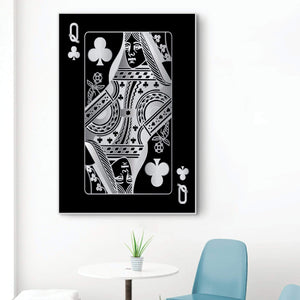 Queen of Clubs - Silver Clock Canvas
