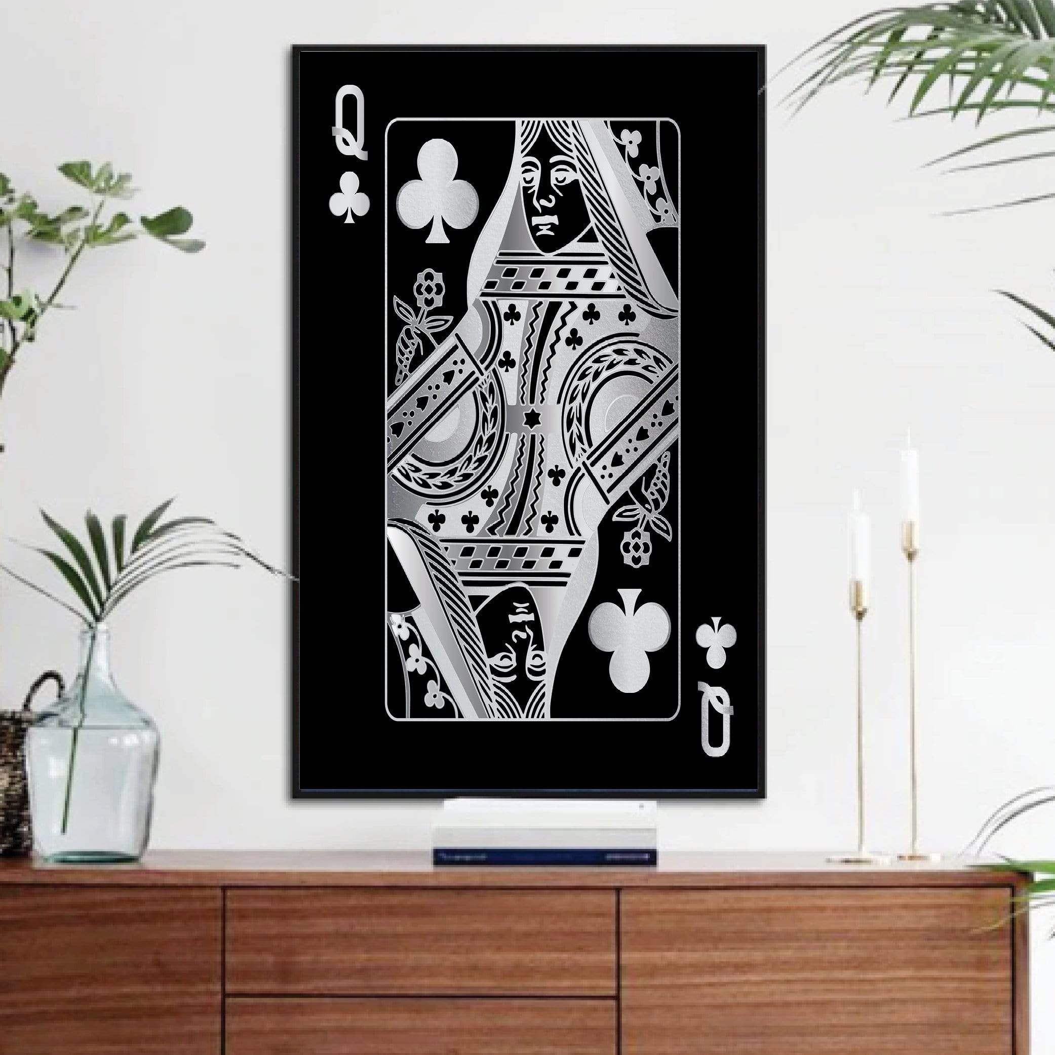 Queen of Clubs - Silver Clock Canvas
