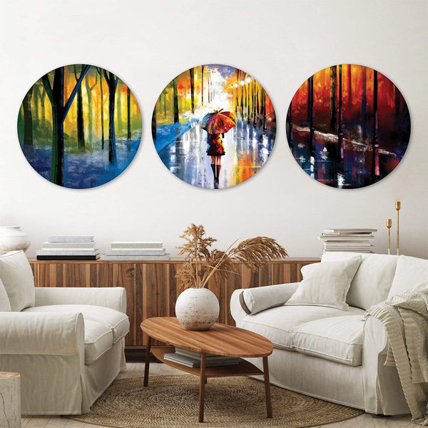 Rainy Stroll Canvas - Circle Art Set of 3 / 40 x 40cm / Standard Gallery Wrap Clock Canvas