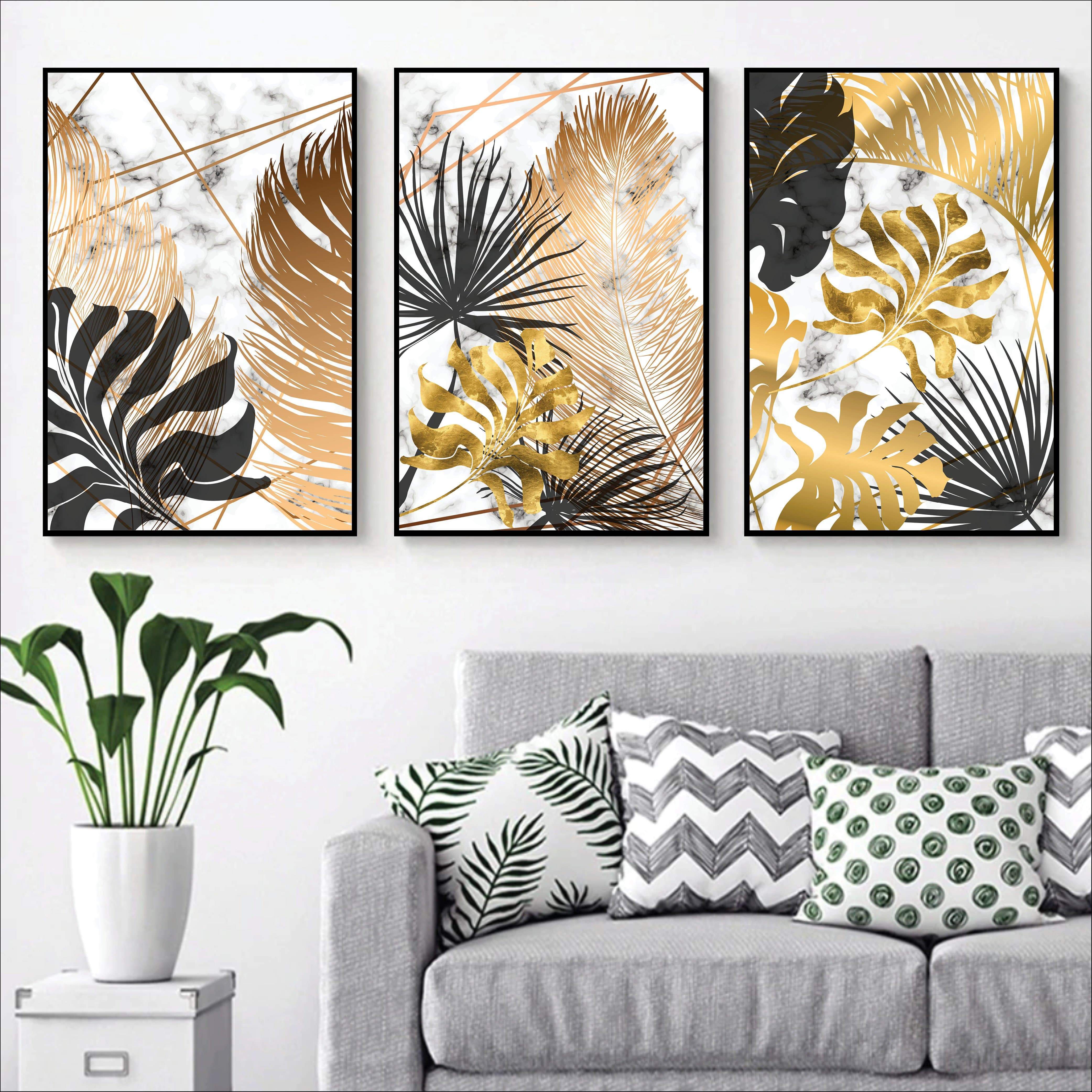 Shining Leaf Canvas Art Set of 3 / 40 x 60cm / Unframed Canvas Print Clock Canvas