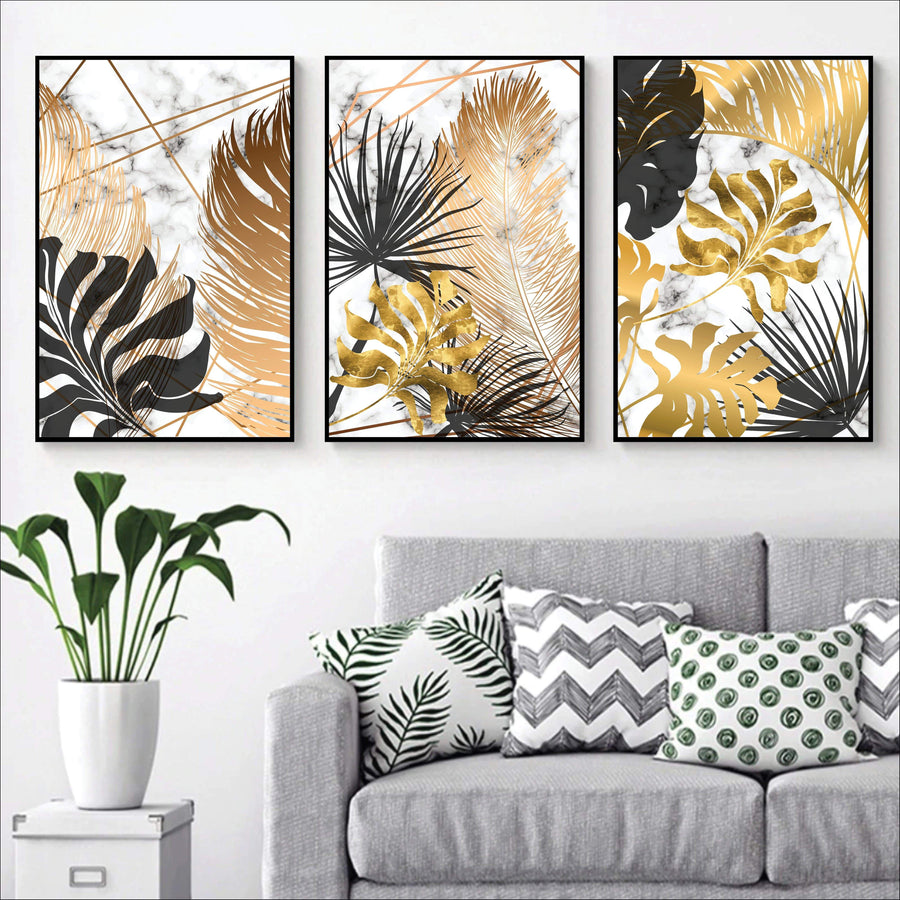 Shining Leaf Canvas Art Set of 3 / 40 x 60cm / Unframed Canvas Print Clock Canvas