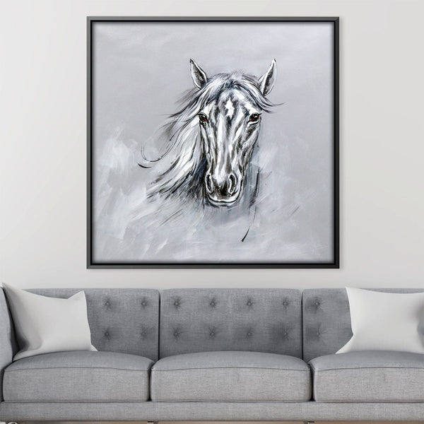 Silver Stallion Oil Painting Oil 30 x 30cm / Oil Painting Clock Canvas