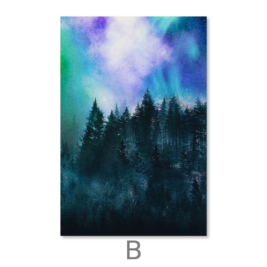 Star Sky Forest Canvas Art B / 50 x 70cm / Framed Gallery Wrap Clock Canvas