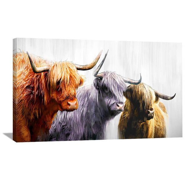 Three Highland Cows Canvas Art 50 x 25cm / Unframed Canvas Print Clock Canvas