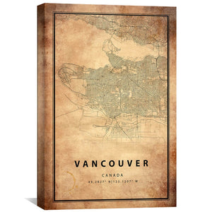 Vancouver Vintage Map Canvas Art 30 x 45cm / Unframed Canvas Print Clock Canvas