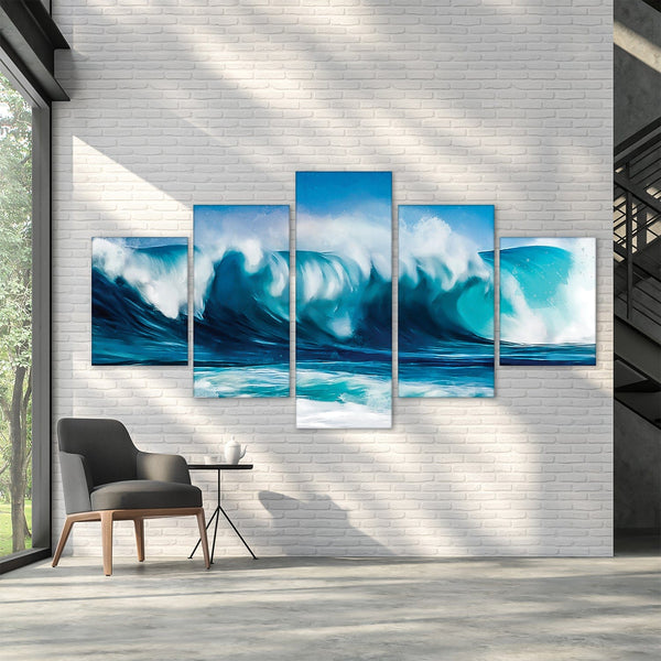 Waves Canvas - 5 Panel Art 5 Panel / Large / Standard Gallery Wrap Clock Canvas